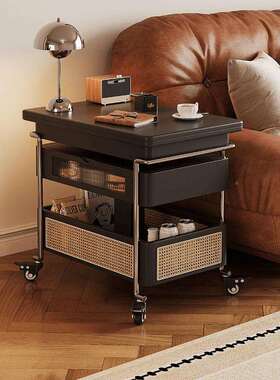 复古茶黑色CSJJ3696可移动升降折多功能沙发边几小户叠型藤实木小