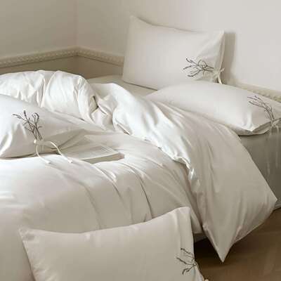 全1床00s20006柔软四季被套民宿棉四件套中古风刺绣款绑带床笠式