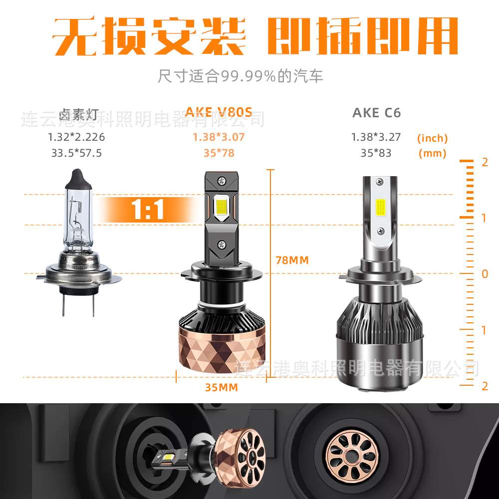 AKEV80S200W6000Kh1h3h4h7h11900590069012汽车前照灯汽车led灯泡