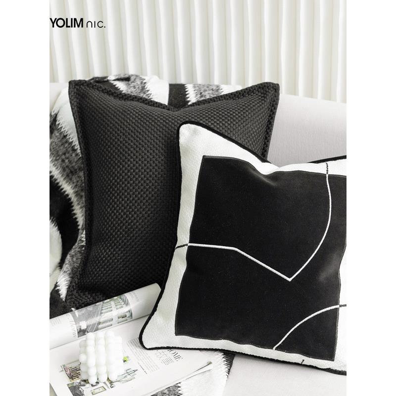 设计师推荐黑白抱枕沙发靠垫棉麻编织皮革简约现代靠枕样板间靠