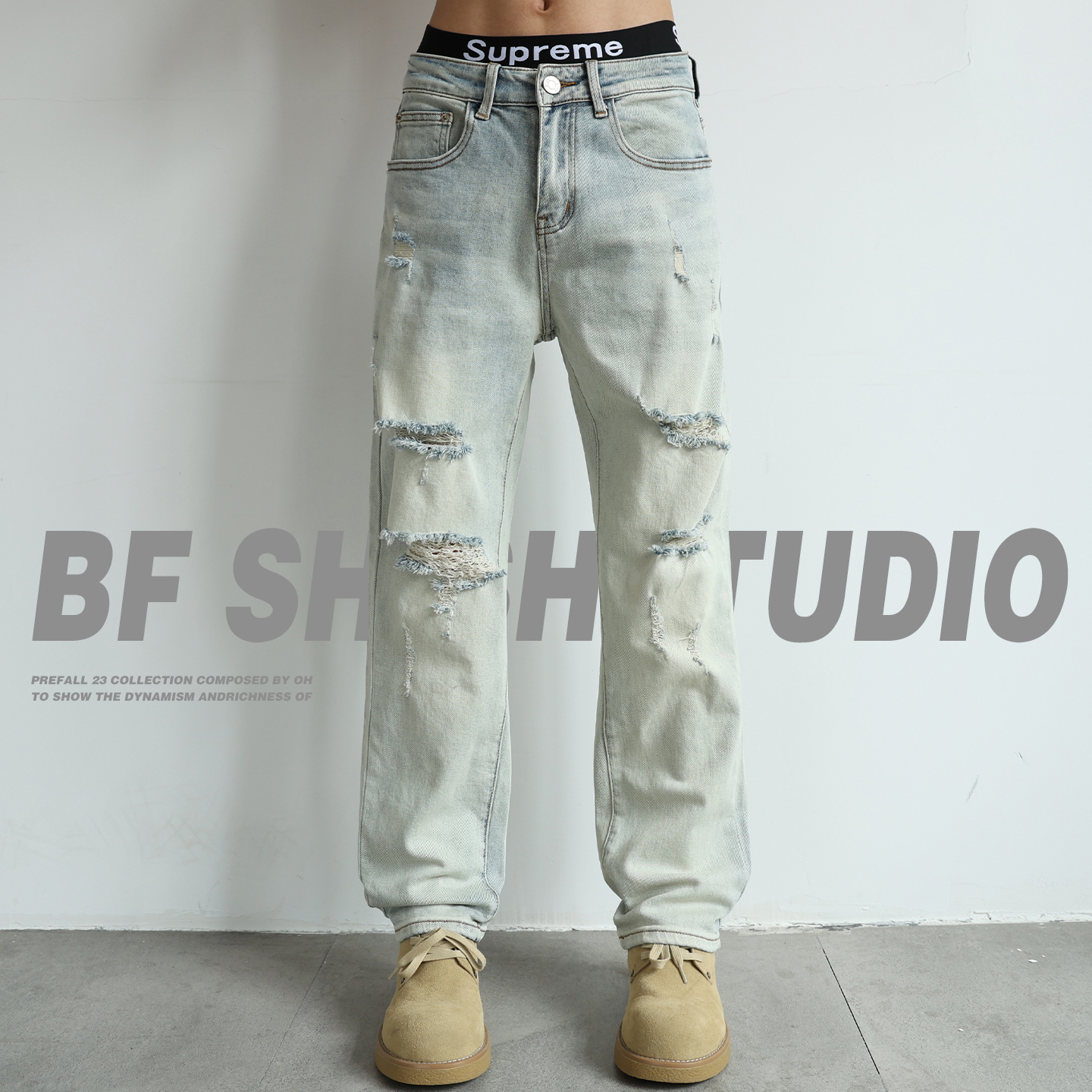 2025秋季新款美式休闲乞丐破洞直筒牛仔裤男复古潮牌浅色长裤弹力