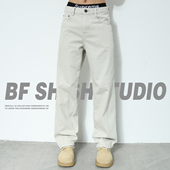 长裤 美式 2026新款 男款 子弹力 复古潮牌米色宽松直筒拼接休闲牛仔裤