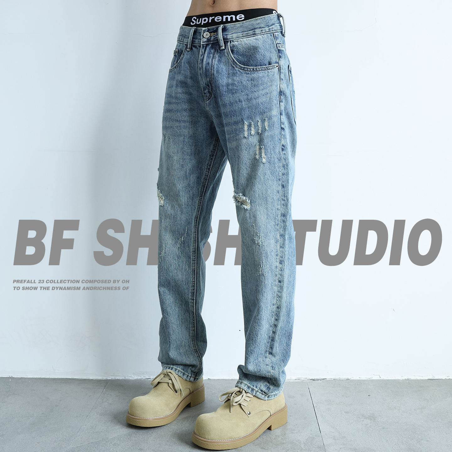 新款牛仔裤男士休闲浅色宽松水洗破洞高端直筒裤秋季2025爆款长裤