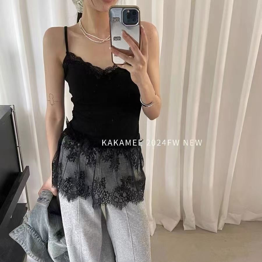 纯色性感纯欲风蕾丝裙花边吊带背心女秋季内搭带胸垫美背长款上衣