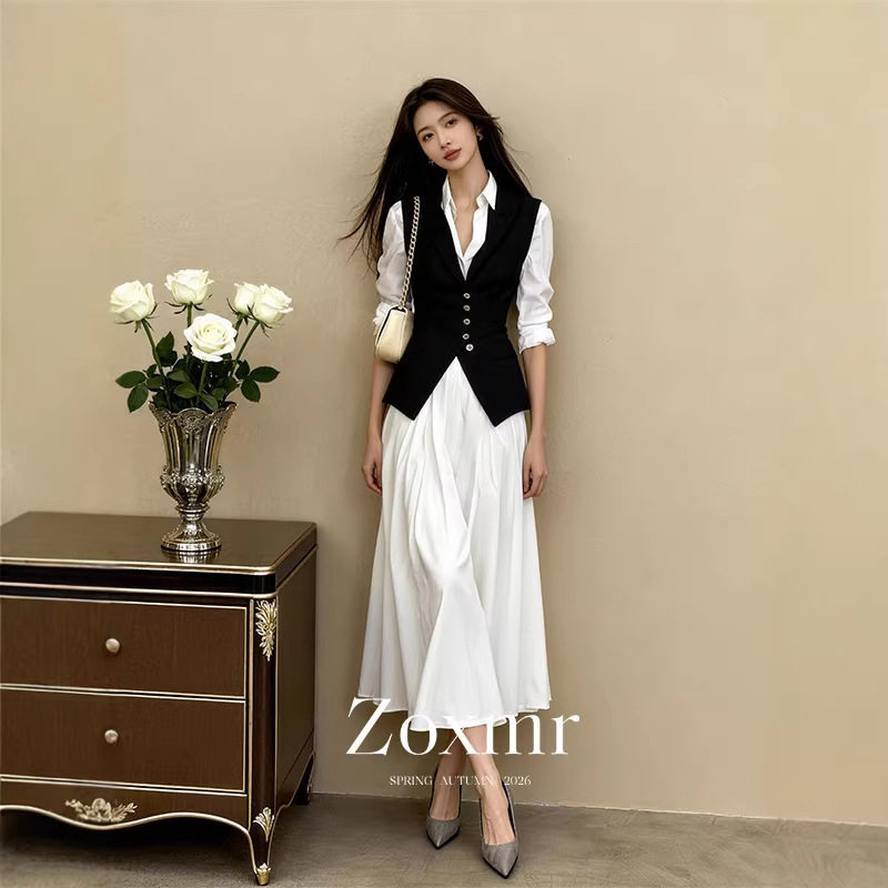 套装淡人高知穿搭一整套老钱风黑色收腰马甲衬衫连衣裙套装春秋女