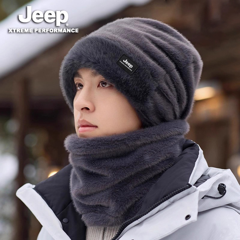JEEP吉普套头帽子男士2025新款冬季加绒保暖护耳护颈围脖套装男款