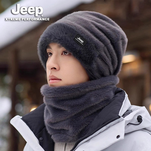 JEEP吉普套头帽子男士2025新款冬季加绒保暖护耳护颈围脖套装男款