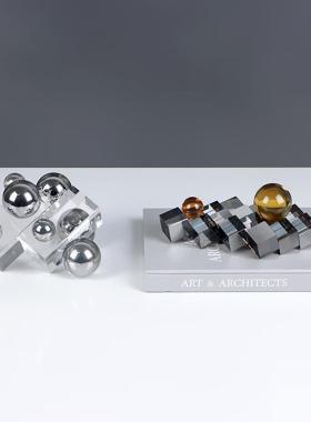 极简意式轻奢电镀银灰色金字塔堆积水晶分子球电视柜书柜装饰摆件