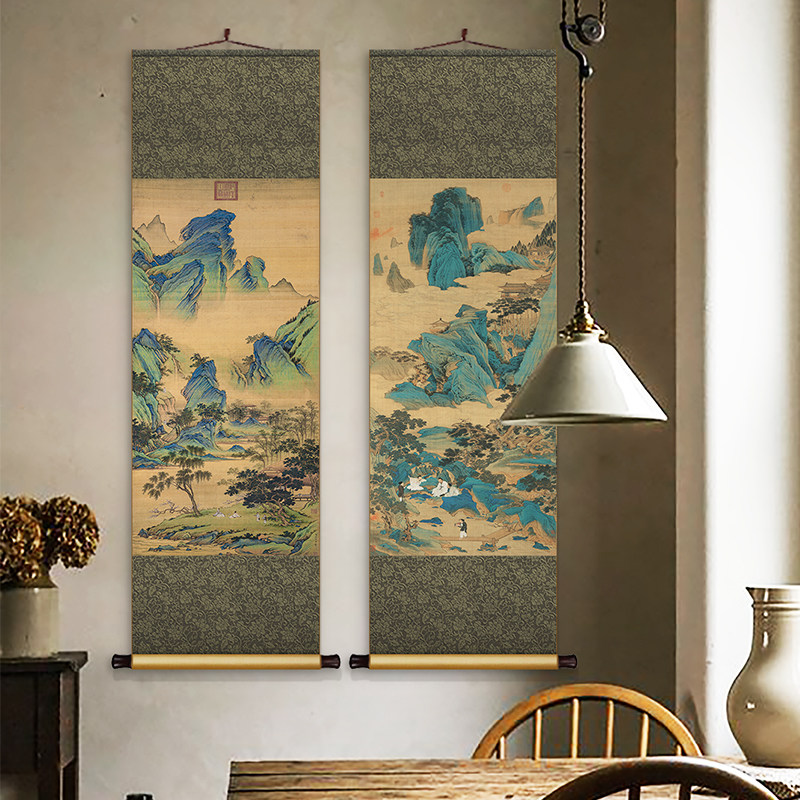 仇英春山吟赏图中式丝绸卷轴挂画竖版茶室客厅装饰画书房玄关墙画