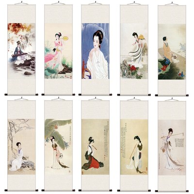 仕女抚琴学院办公室装饰挂画仿古卷轴定制丝绸读书美女国画卷轴画