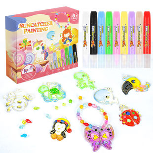 手工diy免烤胶画套装水晶胶画窗贴画涂色涂鸦蜡烛笔亲子互动