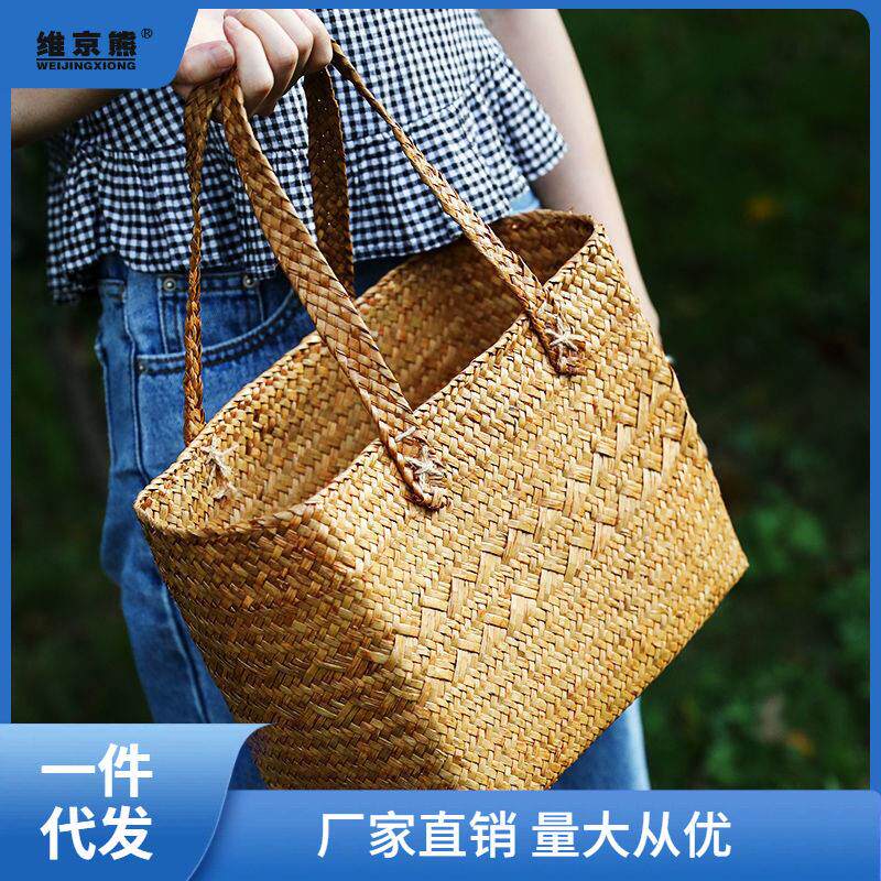 草编手提包购物篮 家用买菜篮子送礼篮 户外野餐篮编织提篮出昌雷