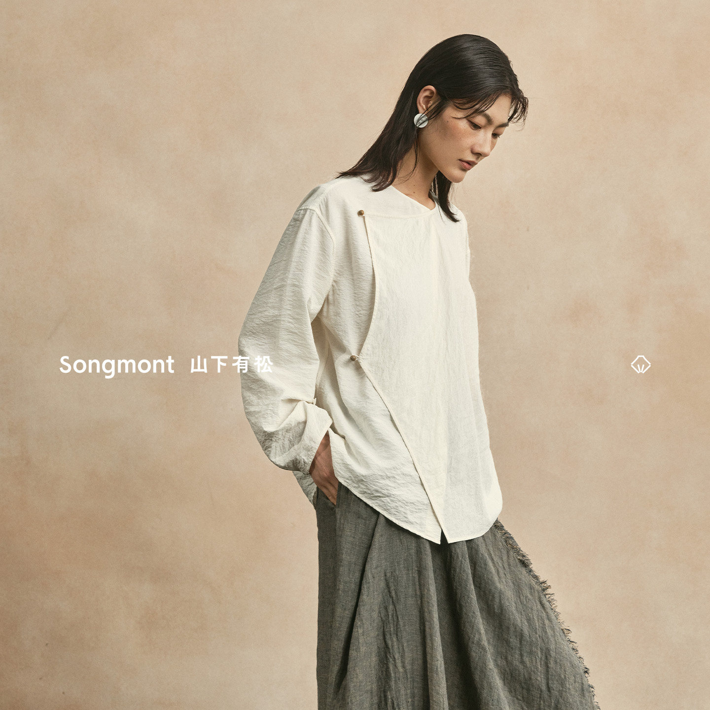 Songmont山下有松干丝可调节纽扣斜襟衬衫桑蚕丝女上衣薄款外套