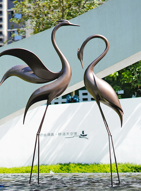 新中式仙鹤雕塑丹顶鹤落地户外水池水景园林装饰样品屋展示中心处