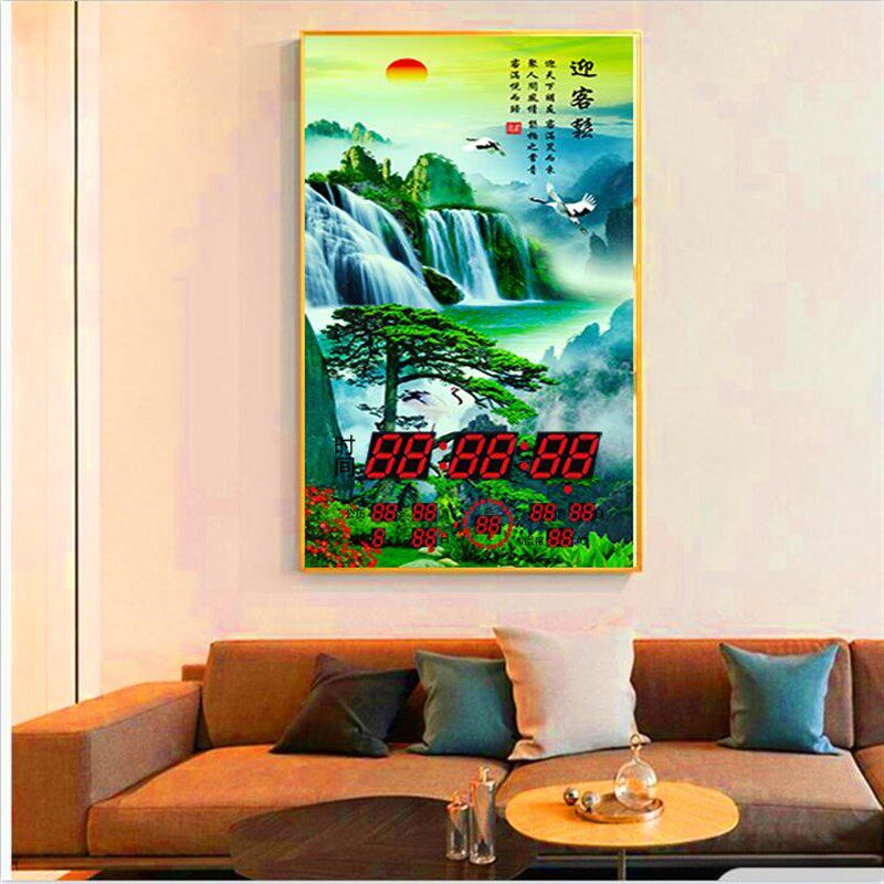 客厅玄关上档次装饰画挂画看时间新款挂历风景LED万年历电子钟