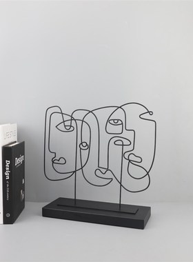 欧式轻奢抽象几何铁艺线条人脸摆件客厅卧室玄关样板房家居装饰品