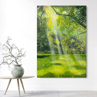 客厅丁达尔效应手绘油画绿色树木森林风景装饰画玄关丙烯肌理挂画