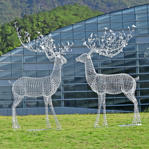 售楼部户外园林草坪不锈钢梅花鹿雕塑抽象铁艺镂空钢丝鹿装饰摆件