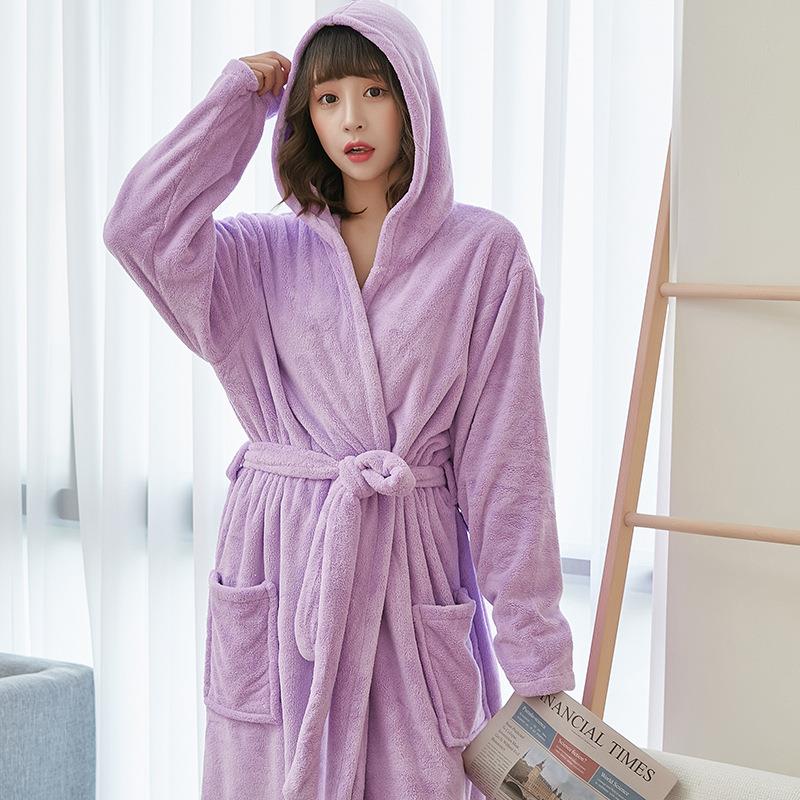 秋冬加厚加长珊瑚绒浴袍男女情侣睡袍纯色大码睡衣家居服
