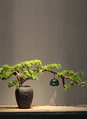 新中式风化木根雕迎客松盆景 陶瓷花盆禅意摆件 倒流香Z软装博古