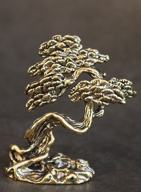 复古实心纯黄铜办公桌面车载小摆件迎H客松茶宠工艺品手把玩件饰