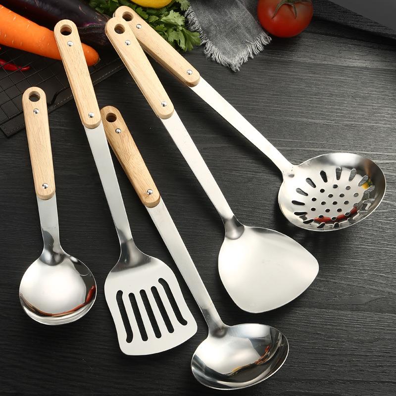 无磁厚款不锈钢粥勺实木柄锅铲 不锈钢家用炒铲勺子厨具套装