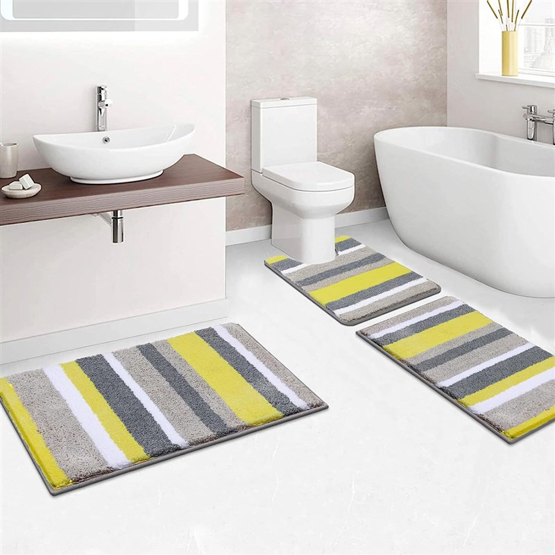 简约植绒地毯簇绒条纹卫生间进门家用组合款耐脏吸水防滑浴室脚垫