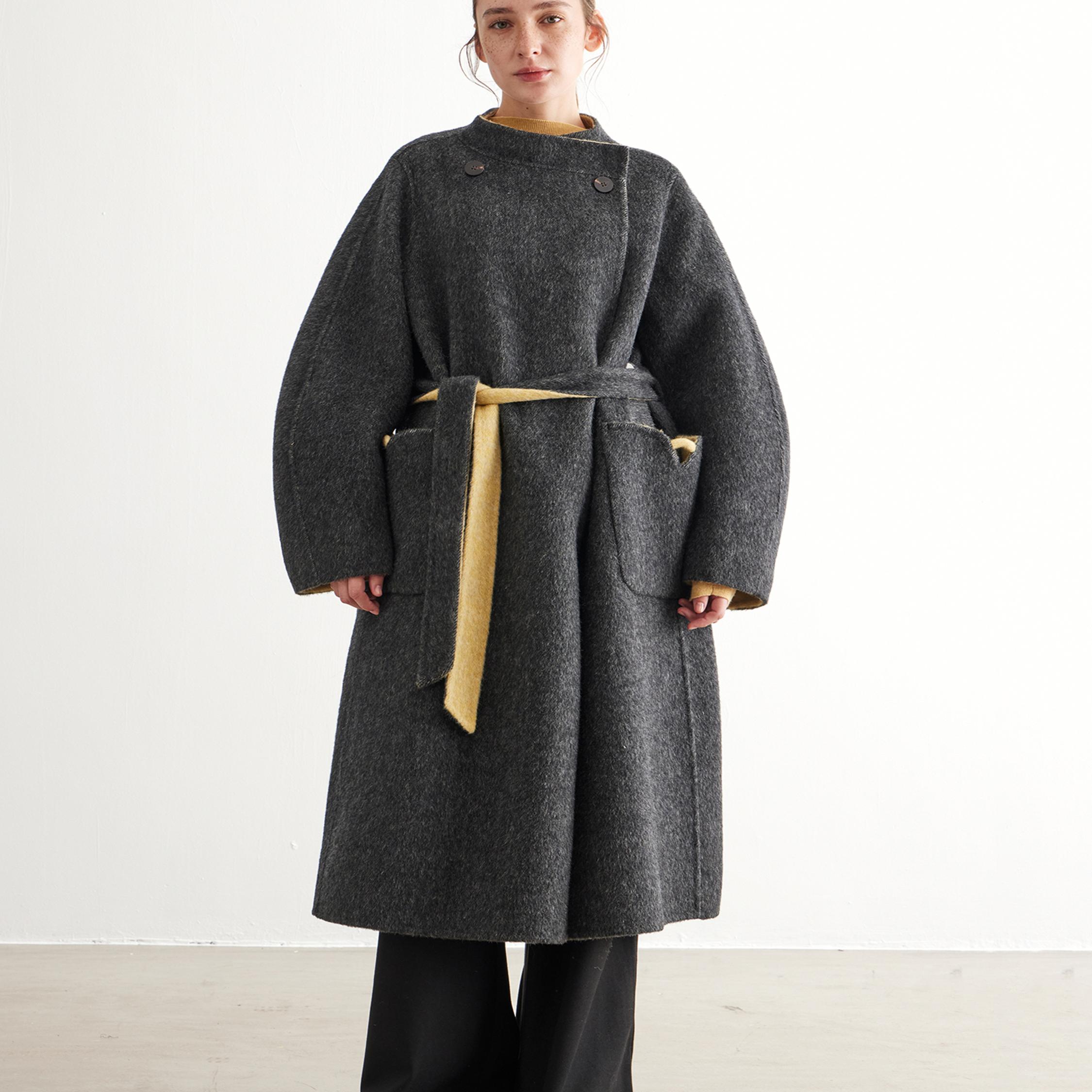 NOEND撞色设计羊毛大衣 真丝羊毛保暖长毛外套 廓形版 两面可穿