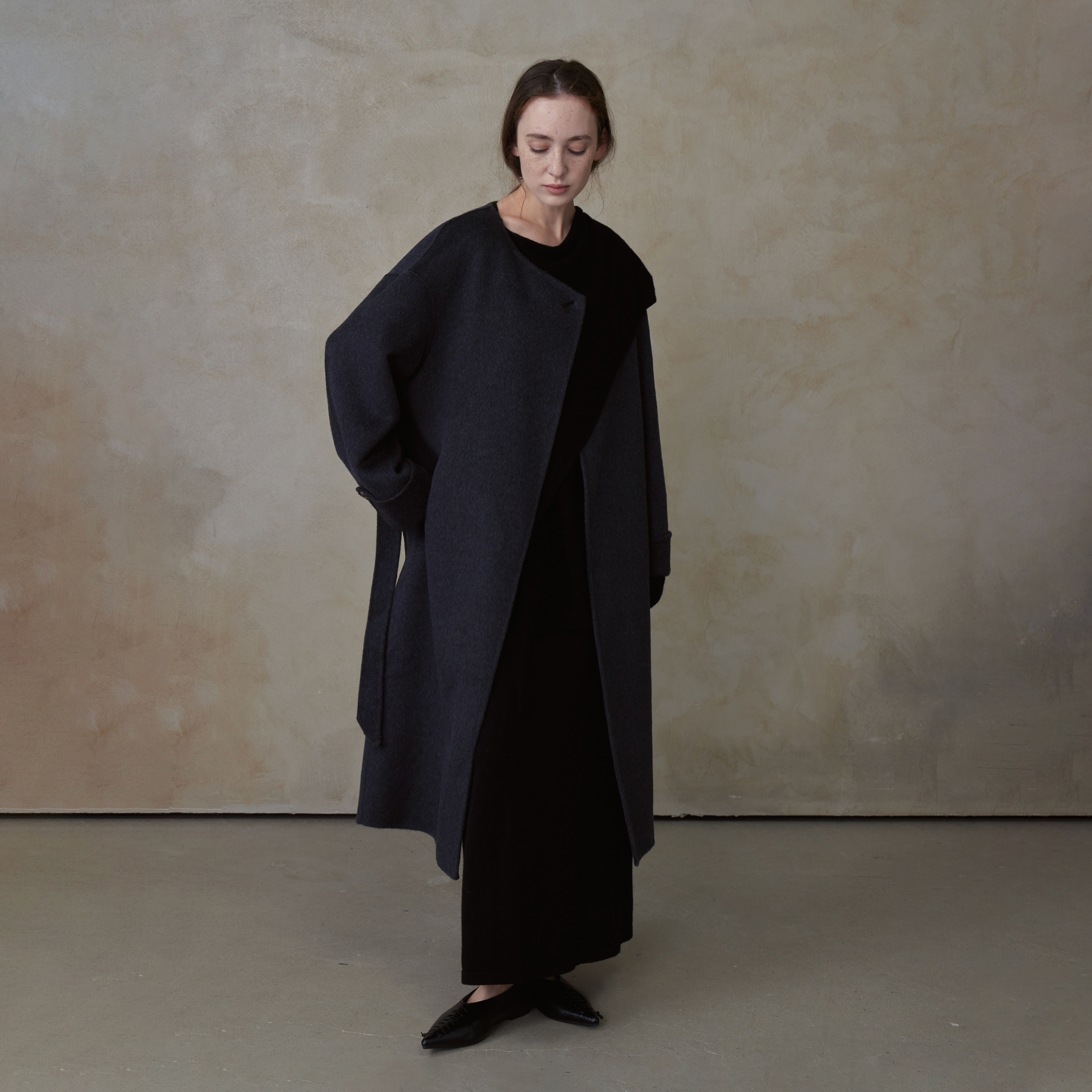 NOEND24AW 100羊毛长款宽松显瘦三角巾双面尼羊毛大衣