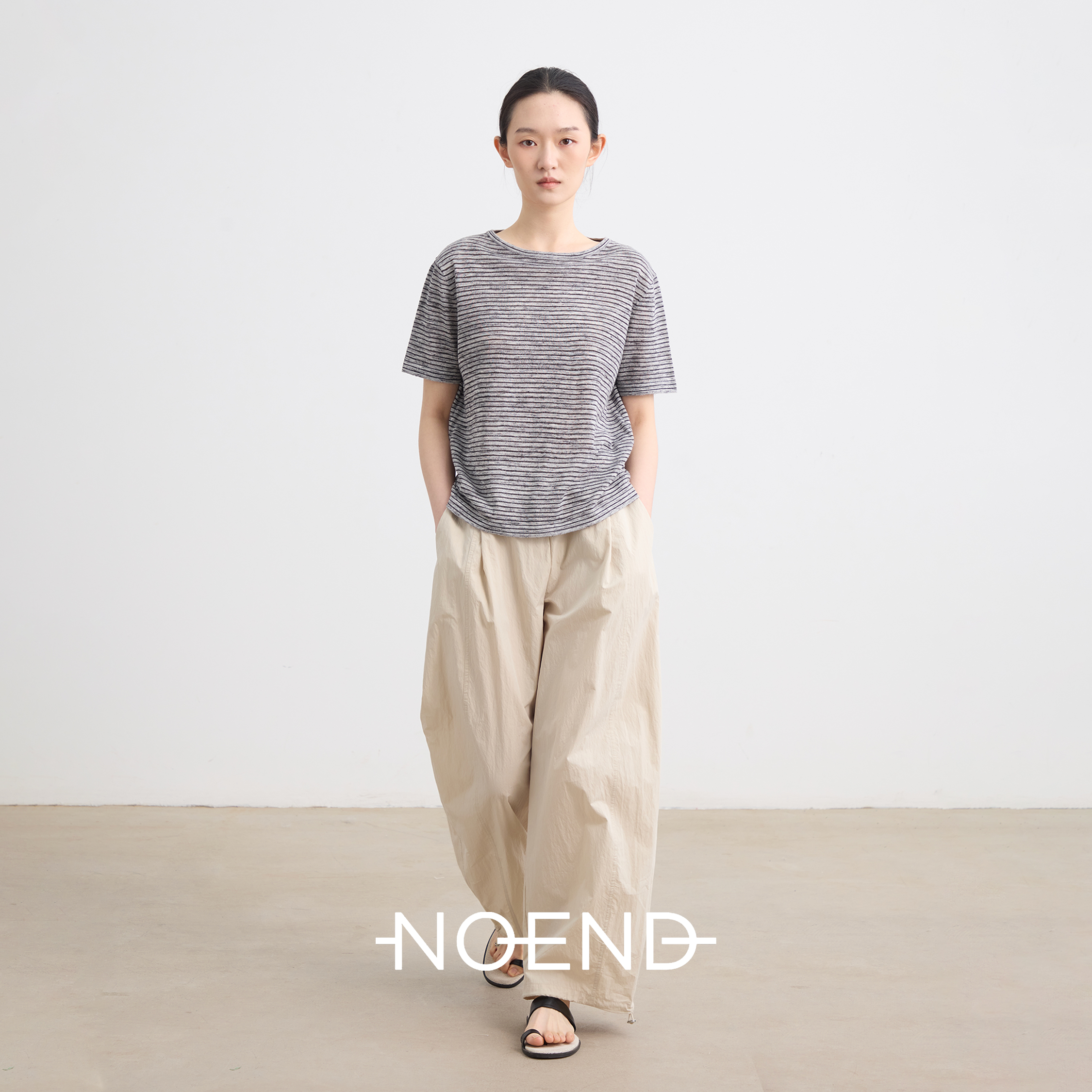 NOEND25SS 复古撞色条纹船型圆领宽松休闲短袖针织上衣