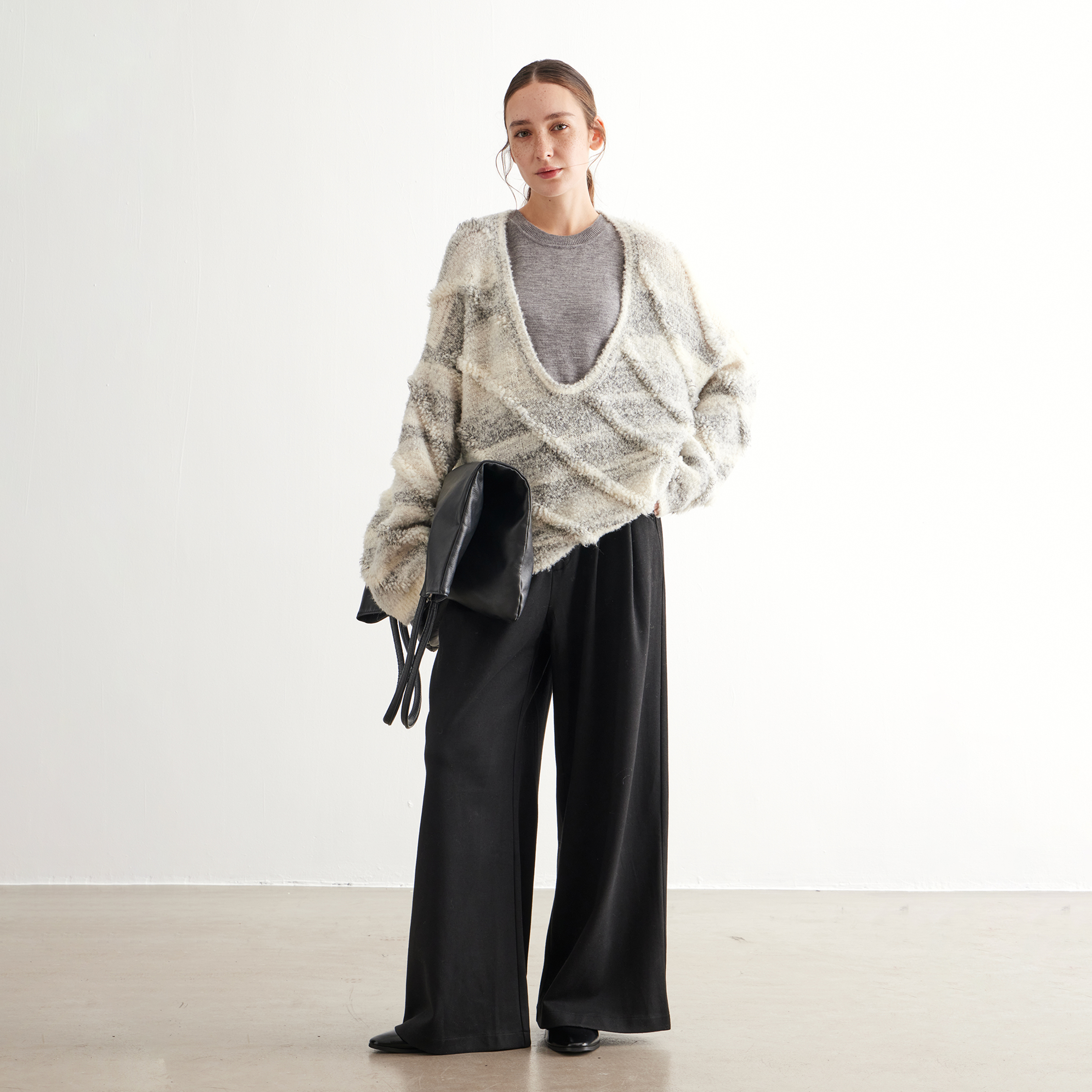 NOEND青山元黛 水墨扎染羊毛针织衫 u领真两件套头毛衣2024年秋冬