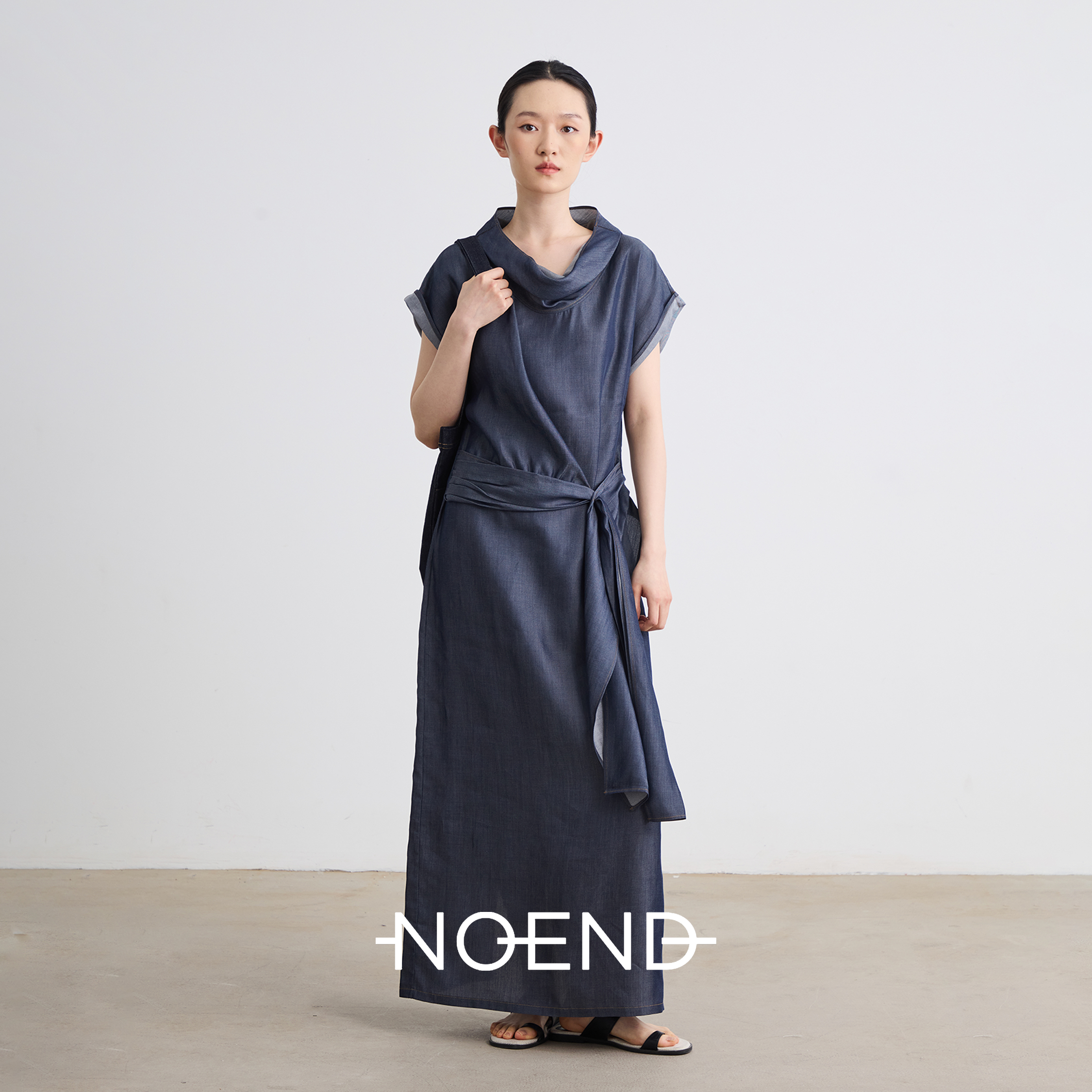 NOEND【菅纫姿同款】天丝牛仔翻边小飞袖堆领绑带收腰显瘦连衣裙