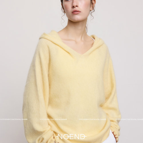 NOEND绒雪与针脚休闲连帽撞色手工缝线拉毛软糯保暖针织衫
