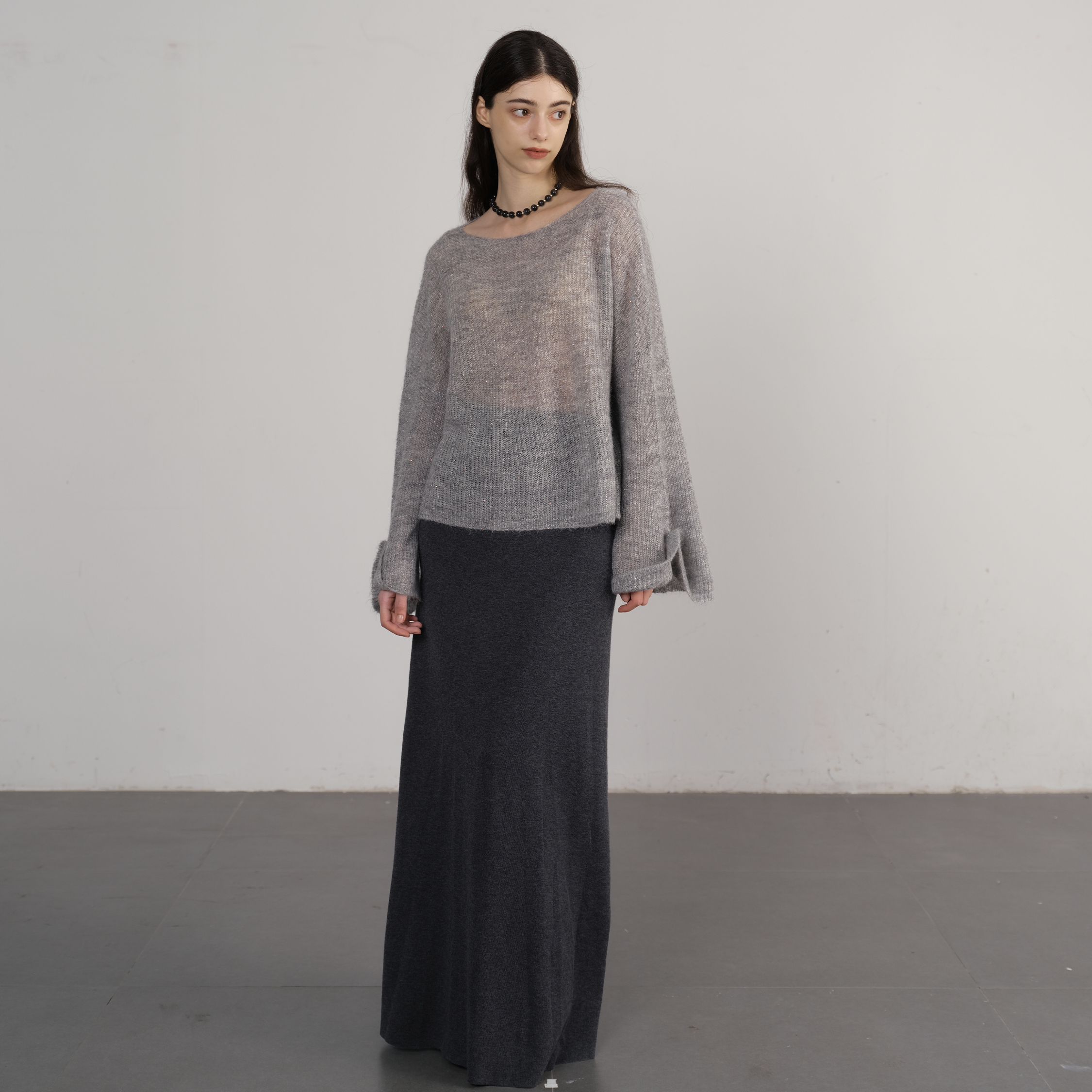 NOEND24AW极细婴儿羊驼毛宽松喇叭袖长袖平领一字领毛衣上衣