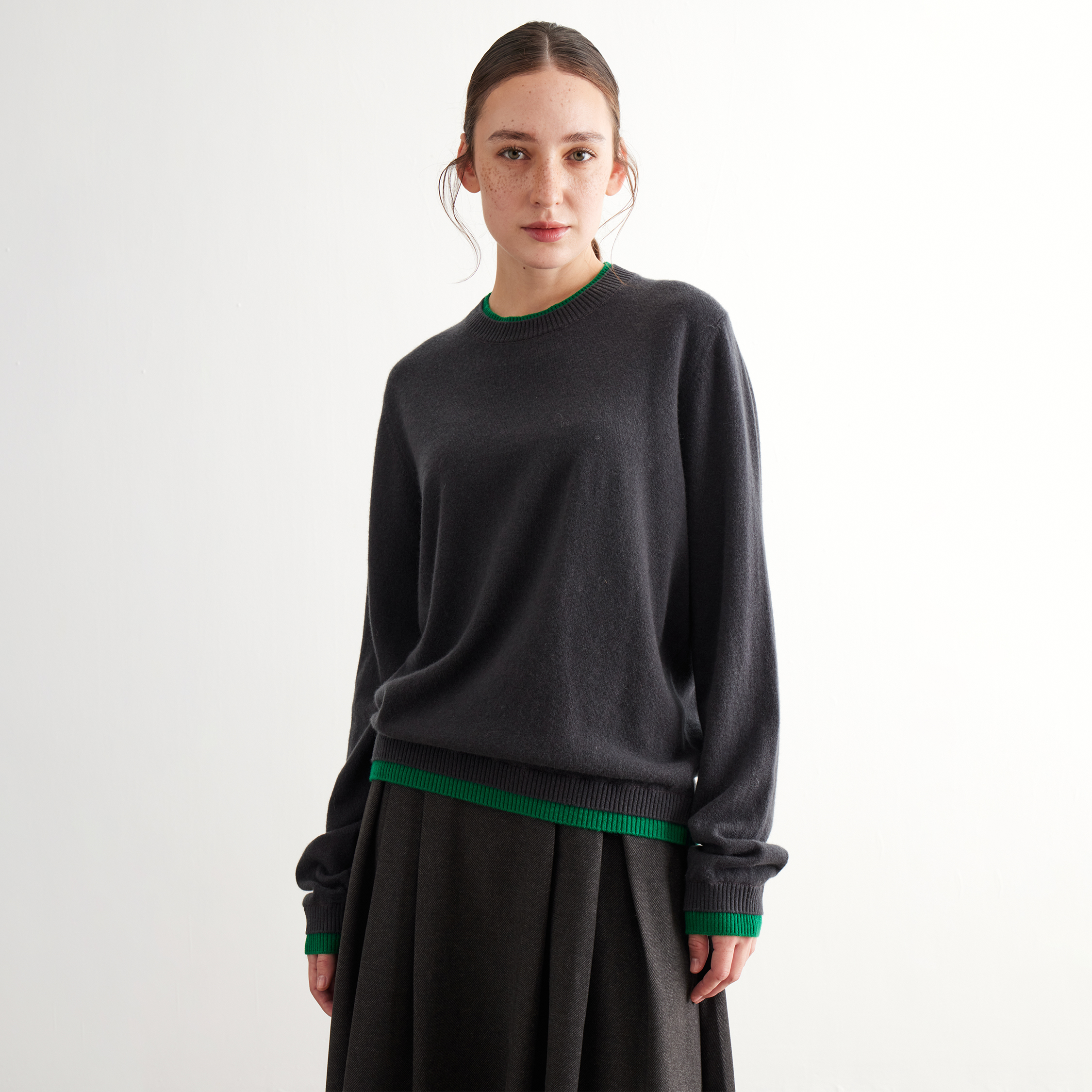 NOEND100%羊毛撞色针织衫 柔软亲肤秋冬打底衫 宽松休闲圆领毛衣