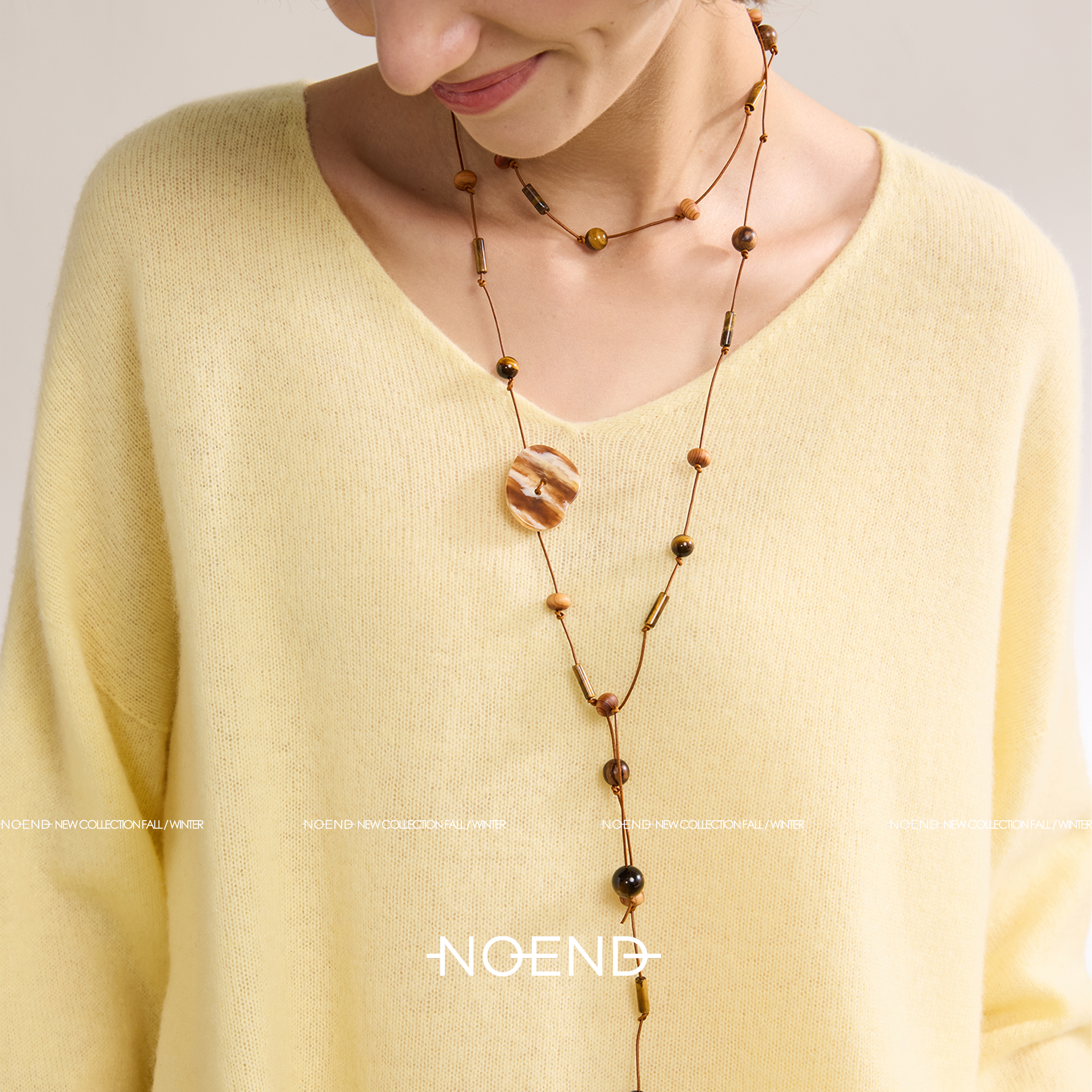 NOEND 25AW 【一款多带】原创手工串珠 牛皮绳毛衣链 设计感项链