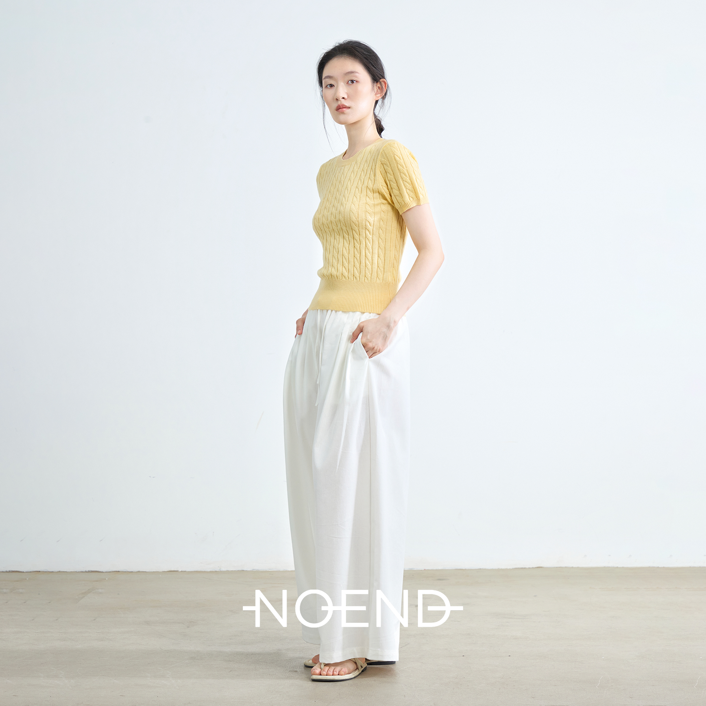 NOEND25SS 复古简约圆领针织绞花修身显瘦短袖上衣