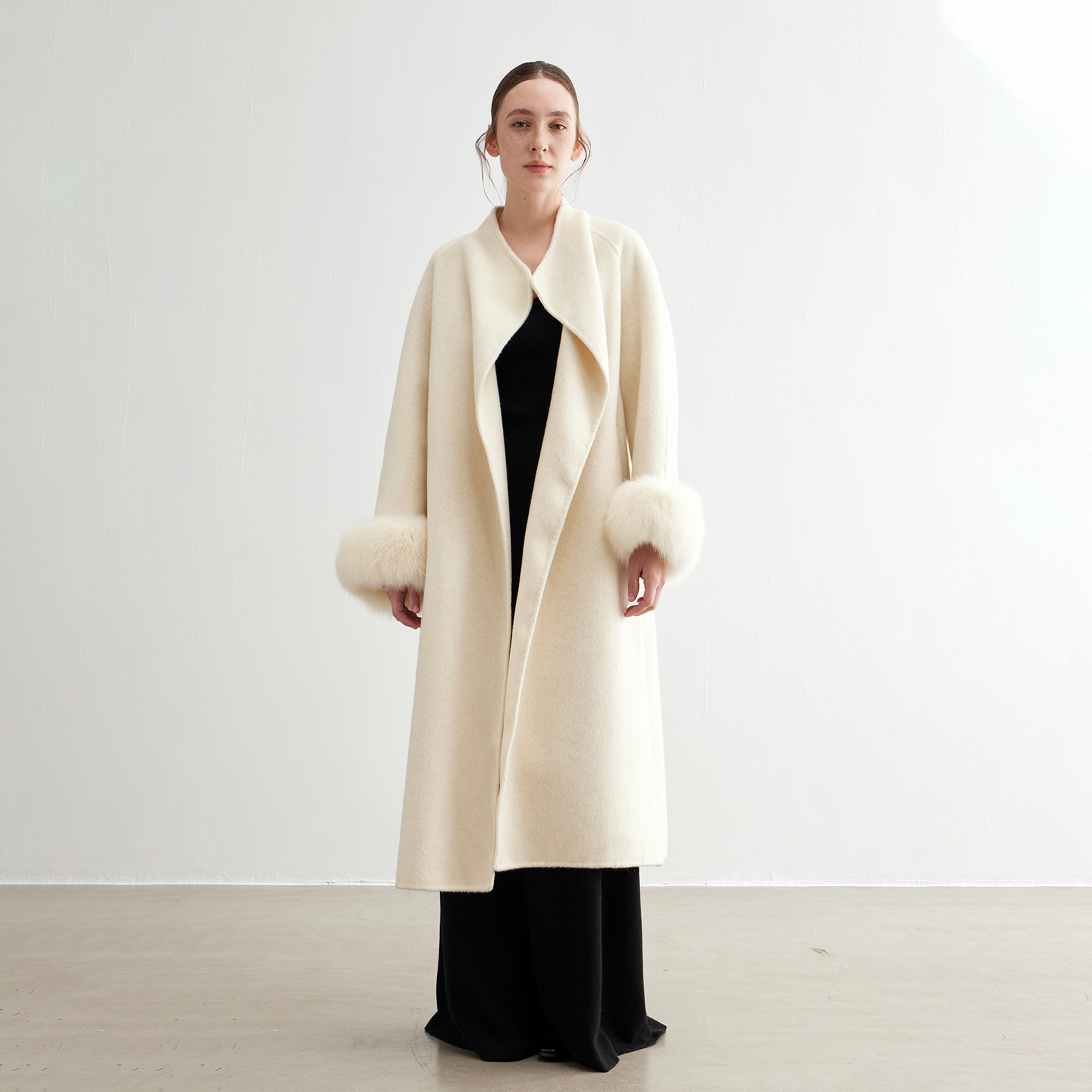 NOEND法式氛围感羊毛大衣冬季狐狸毛装饰外套 圣诞节过年战袍