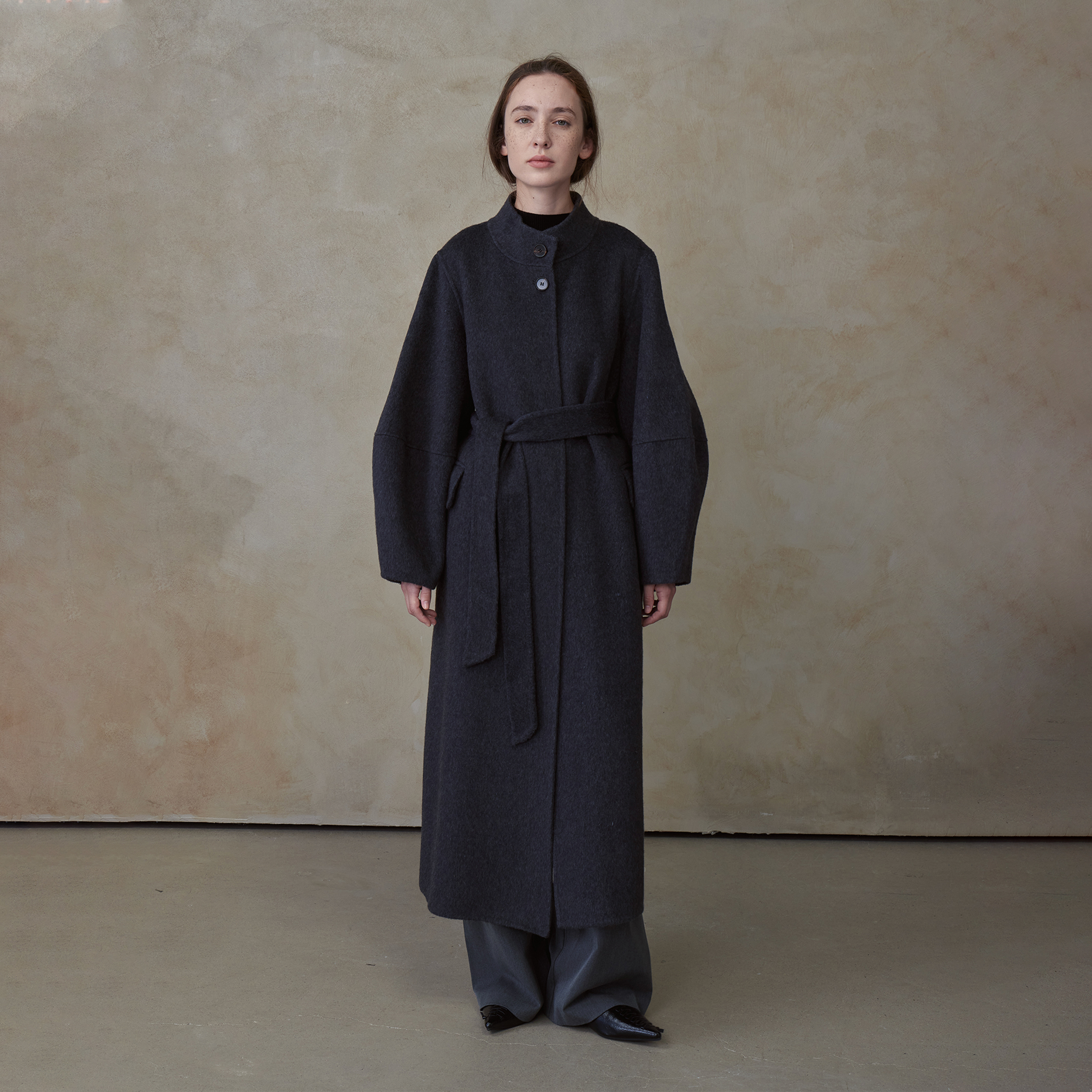 NOEND24AW弯刀袖小显瘦羊毛混纺双面尼羊毛大衣