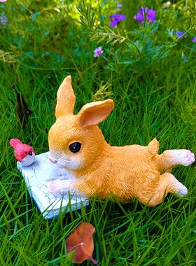 亚马逊热销花园庭院装饰小兔子看书动物摆件窗台盆景幼儿园造景