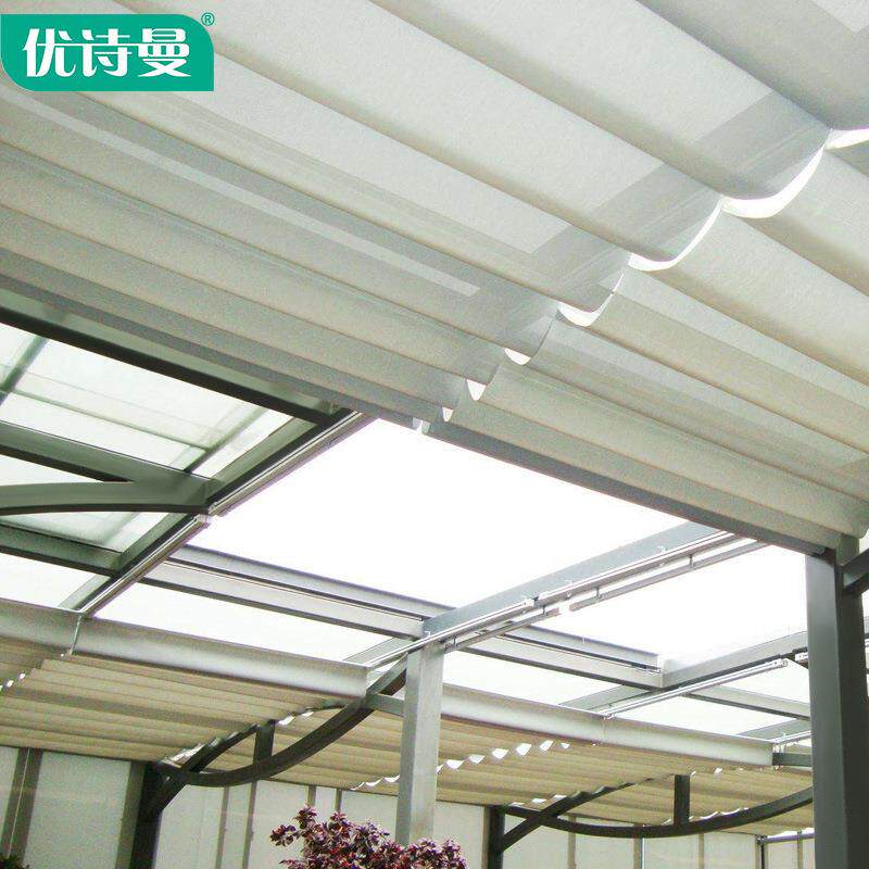 KI9S优诗曼阳光房遮阳顶帘折智能电动遥控叠天棚帘玻璃遮光隔热窗