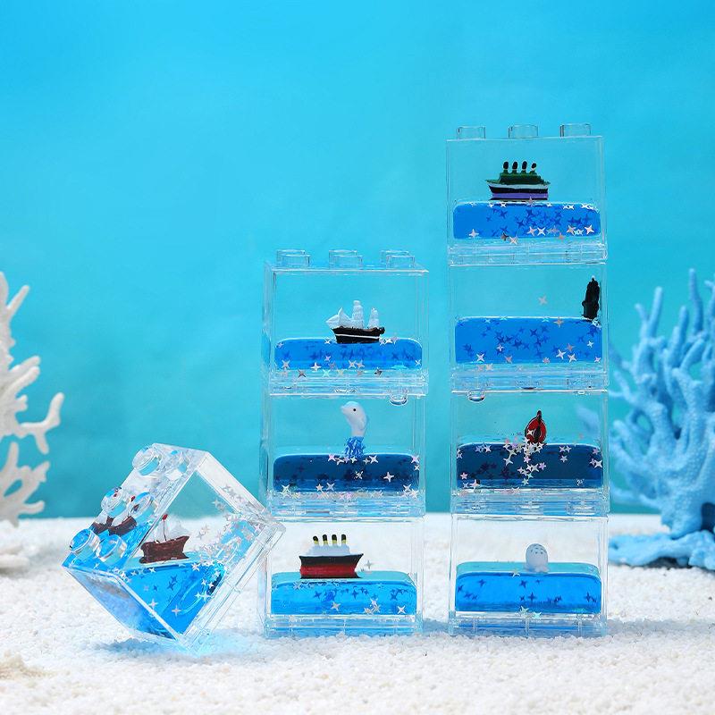大号方形积木小船油滴液体创意沙漏入油摆件流沙漂流小礼品