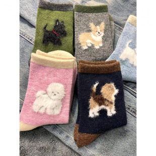 早秋植绒毛茸茸小狗袜子女ins韩版 复古保暖学院风可爱中筒月子袜