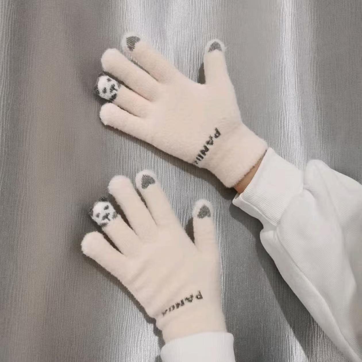 小熊猫可爱加绒加厚手套女ins保暖学生骑车防风防寒可触屏冬季男