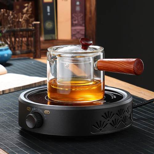 围炉煮茶日式侧把茶壶耐热玻璃过滤花茶壶家用烟灰色电陶炉煮茶器
