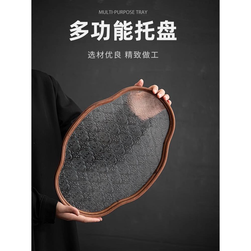 日制式海棠花复古玻璃茶托盘竹茶盘简约家用茶室水果点心盘XYZ收