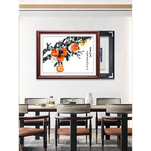 LM90174新中式表配箱装饰画实木免打孔牡丹电空开盒箱遮挡餐厅电