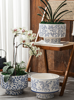 青花瓷冬青陶瓷花盆大口径精致新中式室内装饰高脚复古瓷器绿植