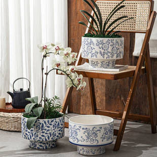 青花瓷冬青陶瓷花盆大口径精致新中式室内装饰高脚复古瓷器绿植