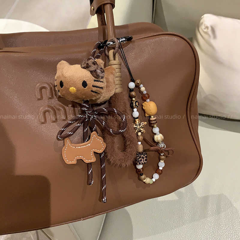 豹纹Kitty包包挂件黑皮KT猫咪钥匙扣卡通毛绒绒miu系风挂绳挂饰